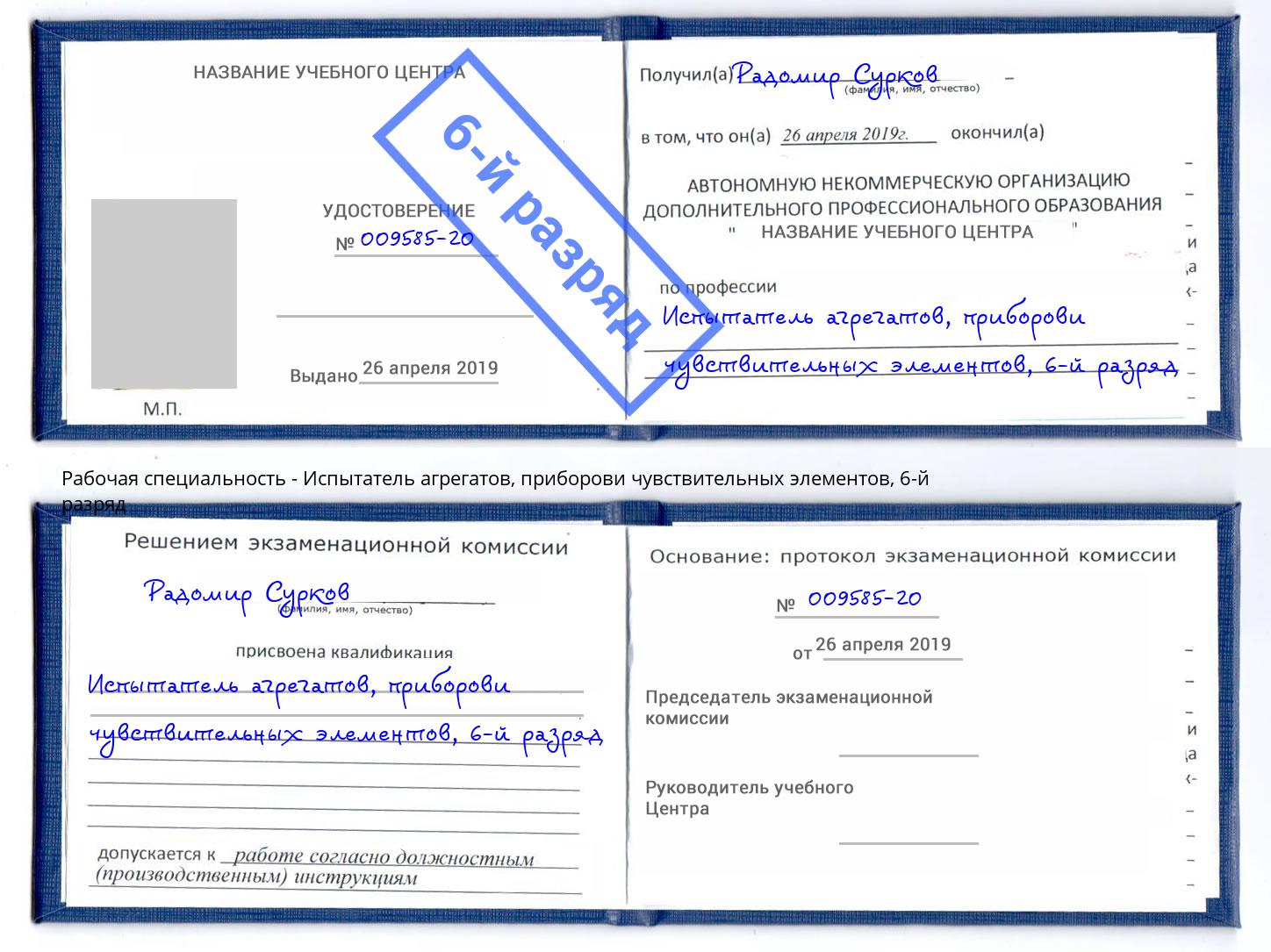 корочка 6-й разряд Испытатель агрегатов, приборови чувствительных элементов Павлово
