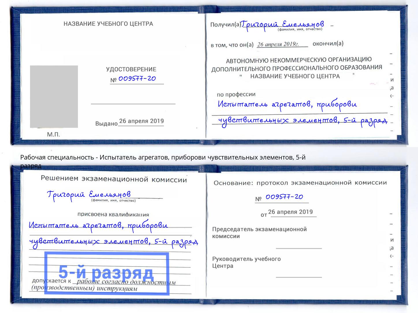корочка 5-й разряд Испытатель агрегатов, приборови чувствительных элементов Павлово