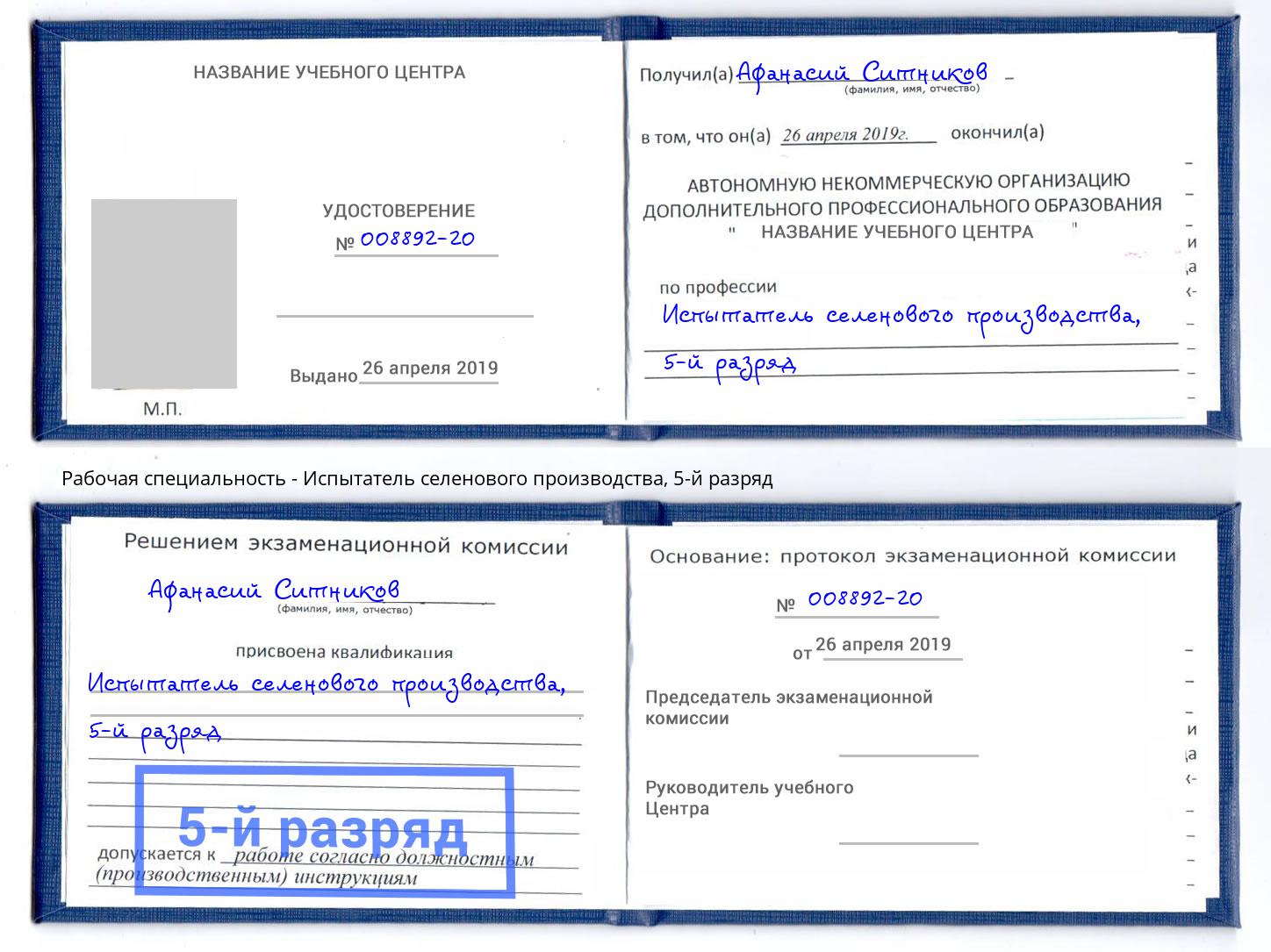 корочка 5-й разряд Испытатель селенового производства Павлово