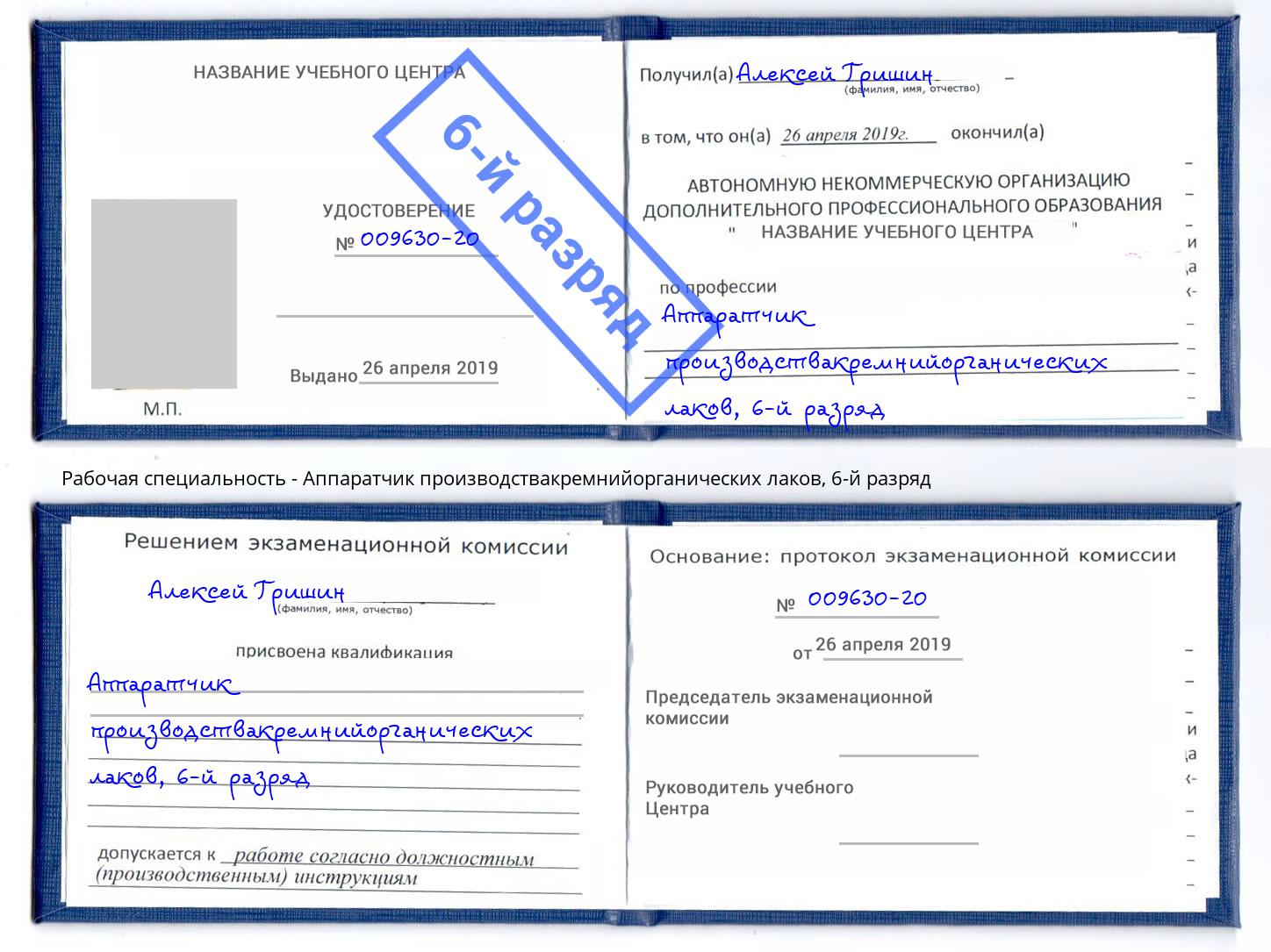 корочка 6-й разряд Аппаратчик производствакремнийорганических лаков Павлово