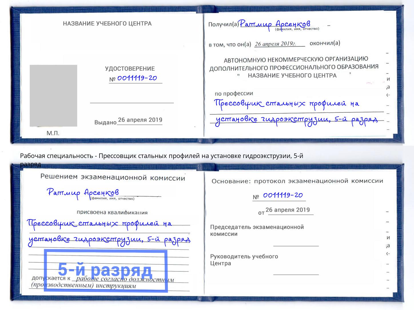 корочка 5-й разряд Прессовщик стальных профилей на установке гидроэкструзии Павлово