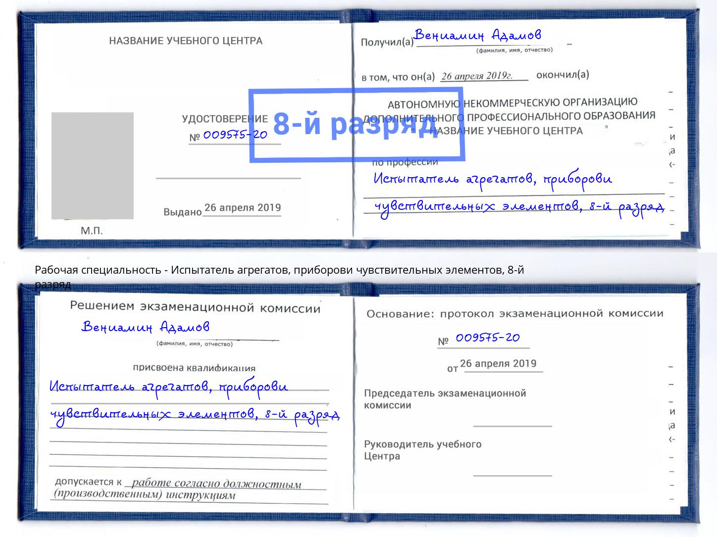 корочка 8-й разряд Испытатель агрегатов, приборови чувствительных элементов Павлово